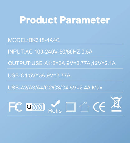 Cargador Pared USB 8 Puertos (Total 65W) Carga Rápida (PD Tipo C, QC 3.0) Adaptador para iPhone 14/15 Pro Max/Xiaomi/Samsung