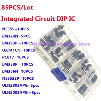 Kit Circuitos Integrados IC (DIP) NE555/LM324/LM358/ULN2803 (10 Tipos, Temporizador Precisión) DIY Electrónico (85 Piezas)