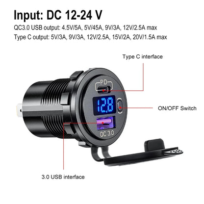 Cargador USB Auto/Camión PD 60W + QC 3.0 con Switch LED Voltímetro 12V/24V Carga Rápida