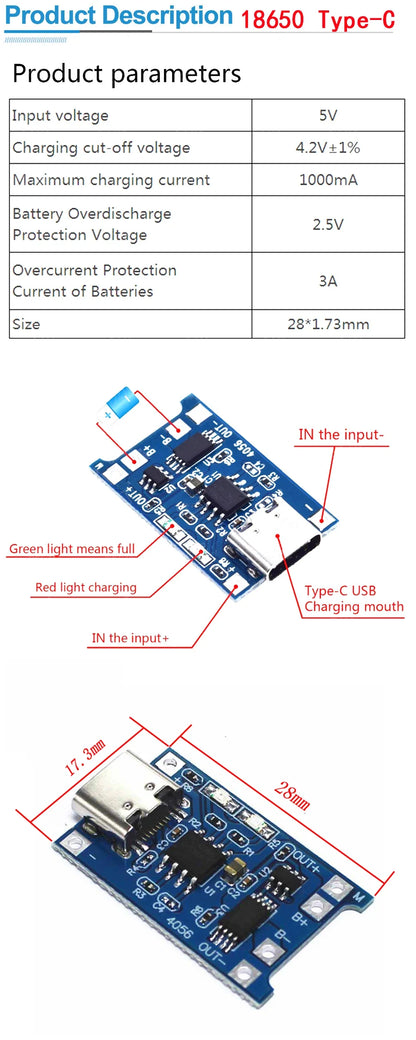 Lote 10/50 Pcs Módulo Cargador Batería Litio TP4056 USB-C 5V 1A 18650 con Protección Dual
