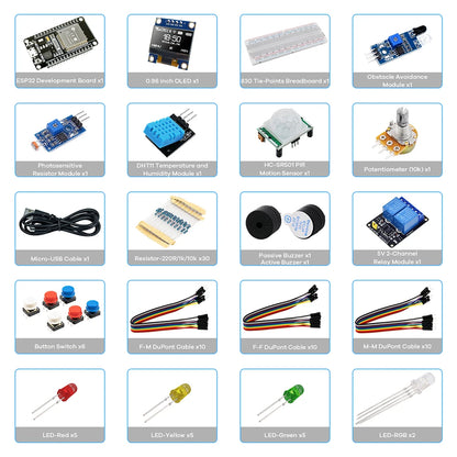 Kit Inicio Básico DIY para Placa Desarrollo ESP32 ESP-32S WiFi IoT (Incluye OLED 0.96", Módulo Fotorresistor) para Arduino