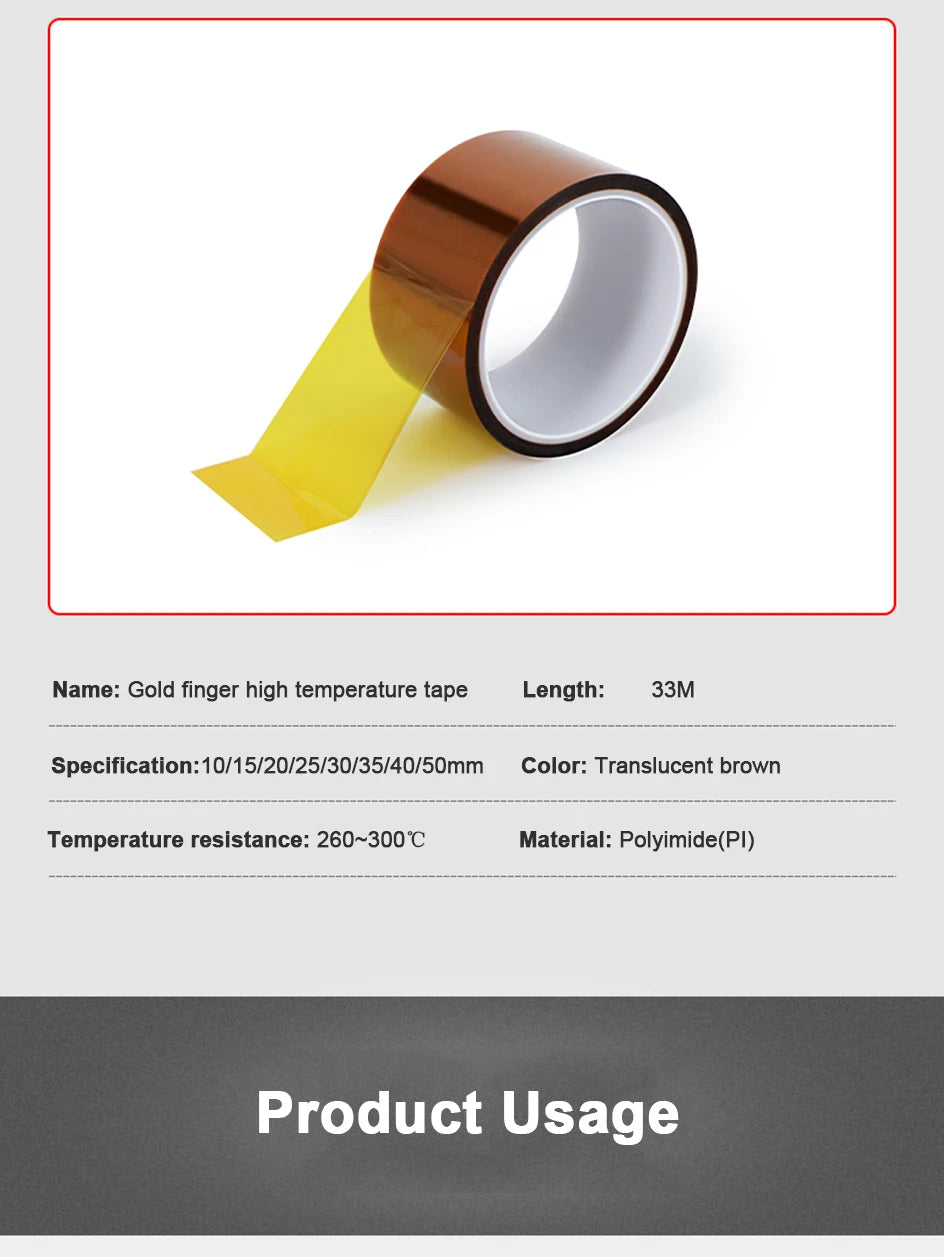 Cinta Adhesiva Kapton Poliimida Alta Temperatura (10-50mm Ancho, 33m Largo) Resistente Calor para Enmascarar/Soldar