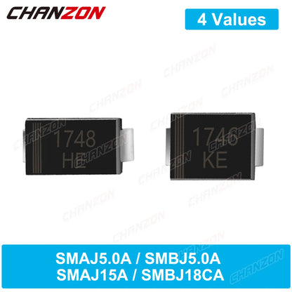 50Pcs 100% Original SMAJ5.0A SMBJ5.0A SMBJ15A SMBJ18CA TVS Diode SMA SMB 800uA 1.0uA 5V 15V 18V 400W 600W Unidirectional Channel