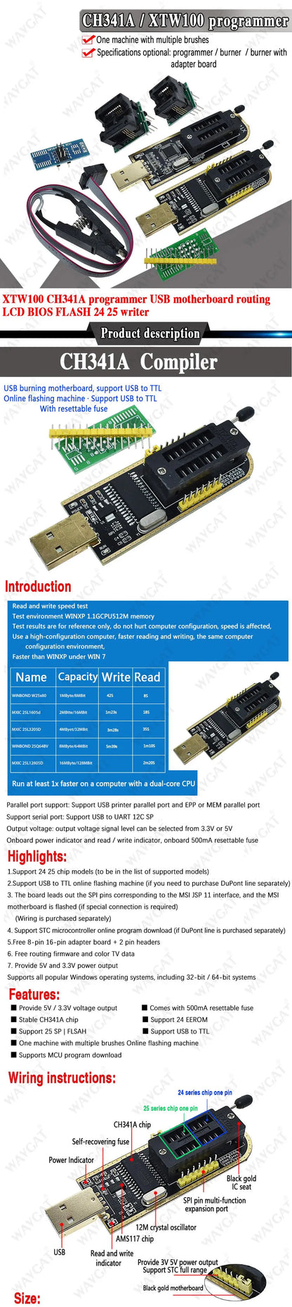 Kit Programador USB XTW100 (CH341B) 24/25 Series EEPROM Flash BIOS + Clip Test SOIC8/SOP8