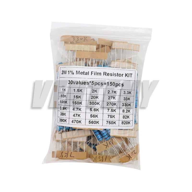 Kit Surtido Resistencias Película Metálica 1% (1/2W, 1W, 2W, 3W, 30 Valores, 1R-820K Ohm) (150/300 Piezas)