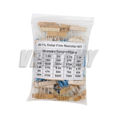 Kit Surtido Resistencias Película Metálica 1% (1/2W, 1W, 2W, 3W, 30 Valores, 1R-820K Ohm) (150/300 Piezas)