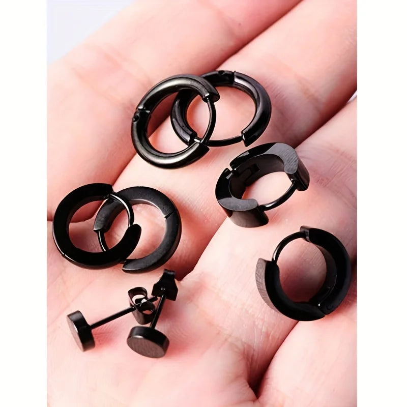 Set 4 Pares Pendientes Hombre (Acero Inoxidable Negro, Tacos y Aros) Duradero, Versátil, Hipoalergénico