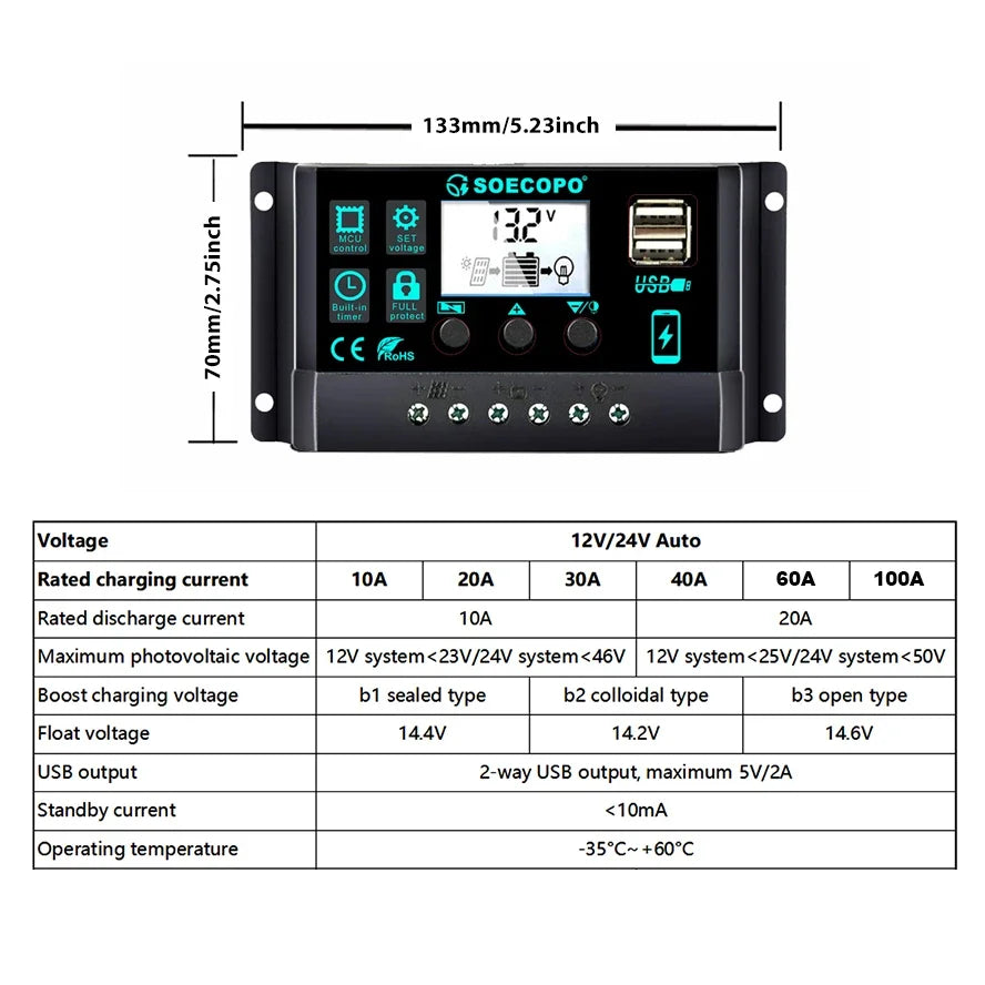 Controlador Carga Solar 100A 12V/24V AutoSwitch LCD Protección Sobrecarga/Cortocircuito para RV/Bote/Off-Grid