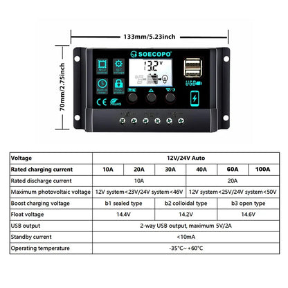 Controlador Carga Solar 100A 12V/24V AutoSwitch LCD Protección Sobrecarga/Cortocircuito para RV/Bote/Off-Grid