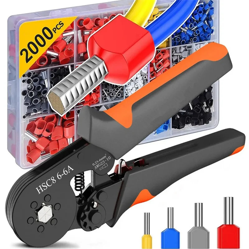 Kit Herramienta Crimpado Terminales Ferrules Hexagonal Autoajustable (23-10AWG, 0.25-6mm²) con 400-2000 Terminales Cable