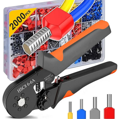 Kit Herramienta Crimpado Terminales Ferrules Hexagonal Autoajustable (23-10AWG, 0.25-6mm²) con 400-2000 Terminales Cable