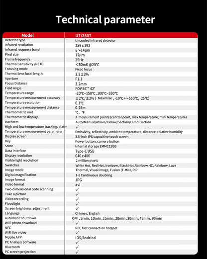 Termógrafo Bolsillo UNI-T UTi260T (256x192) con NCV y Bluetooth - Cámara Térmica Infrarroja Reparación PCB/Circuitos