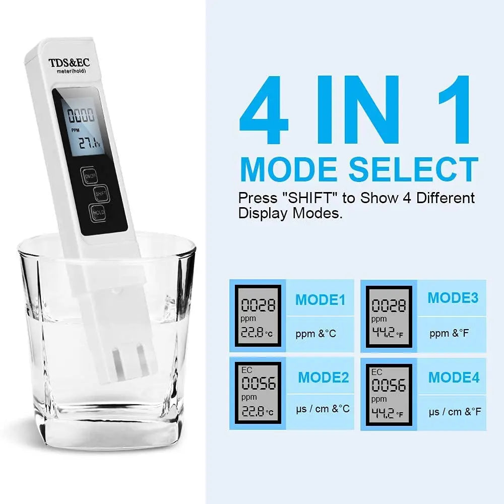 Medidor Digital Calidad Agua TDS/EC Multifuncional (Rango 0-9990 ppm) Pureza/Temperatura (1 Unidad, Blanco)