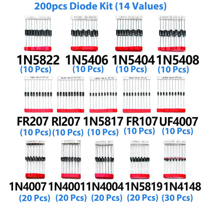 Kit Surtido Diodos THT (Rectificador/Schottky/Switching) - 14 Valores (1N400x, 1N58xx, FRxxx, etc.)