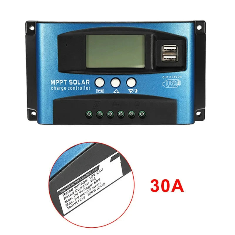 Controlador Carga Panel Solar 12V/24V PWM/MPPT 10A-30A Cargador Batería Auto Regulador USB 5V Max PV 50V