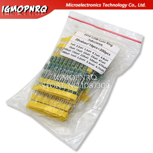 Kit Surtido Inductores DIP Código Colores 1/2W 0410 - 20 Valores (1uH a 4.7mH) (Total 200 Piezas)