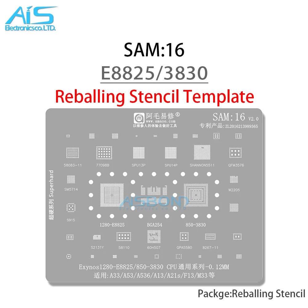 Plantilla Stencil BGA Reballing para Samsung A13/A21S/A33/A53(A536)/F13/M33 (CPU Exynos1280/E8825/Exynos850/3830, RAM, EMMC, DDR, RF, Power)