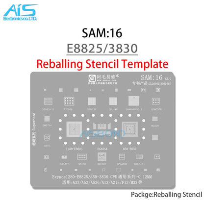 Plantilla Stencil BGA Reballing para Samsung A13/A21S/A33/A53(A536)/F13/M33 (CPU Exynos1280/E8825/Exynos850/3830, RAM, EMMC, DDR, RF, Power)