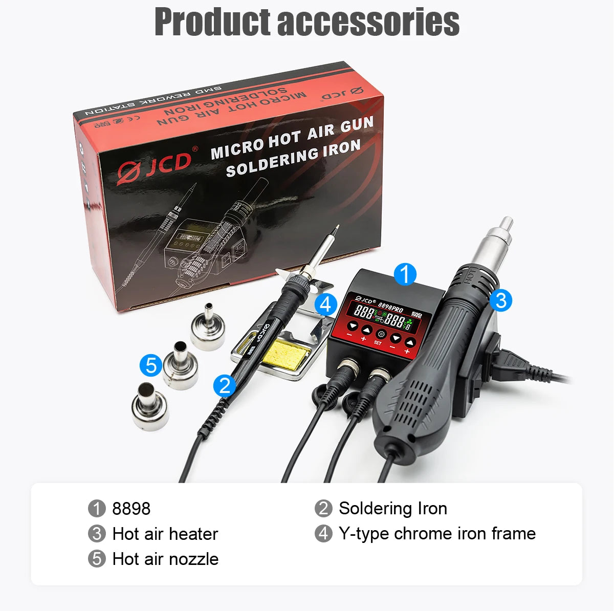 Estación de Soldadura 2 en 1 (Cautín + Pistola Aire Caliente) 750W para Reparación BGA/SMD (Modelo JCD 8898)