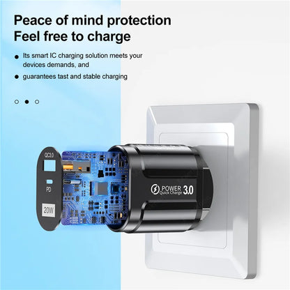 Cargador USB Doble Puerto (Quick Charge 3.0, PD 20W Tipo C) Adaptador Carga Rápida para iPhone 13/12Pro/Huawei/Xiaomi/Samsung