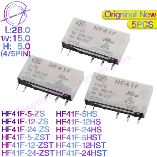 Relé Potencia HF41F-ZS/ZST/HS/HST 5-Pin 6A - Voltajes (5V/12V/24V DC) - Lote 5 Piezas