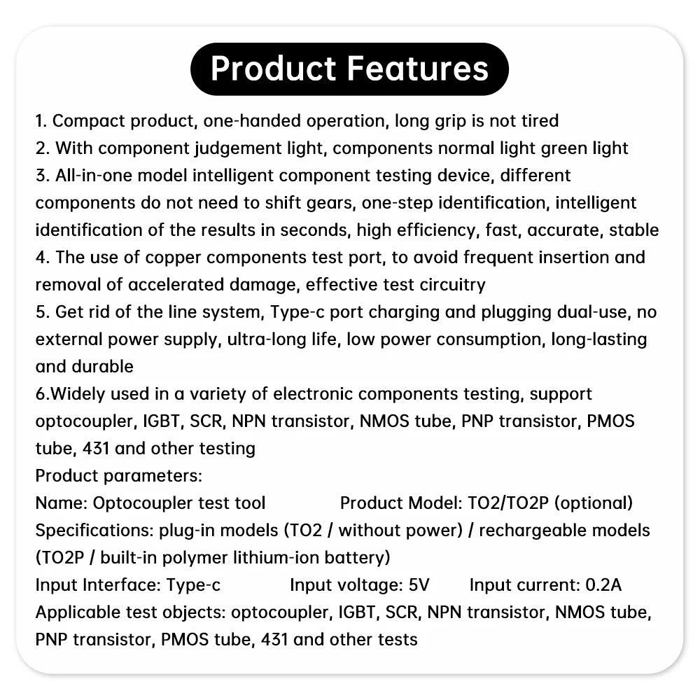Tester Multifuncional Optoacopladores (5V/0.2A) - Detección IGBTs, Transistores PNP/PMOS, Componentes E.