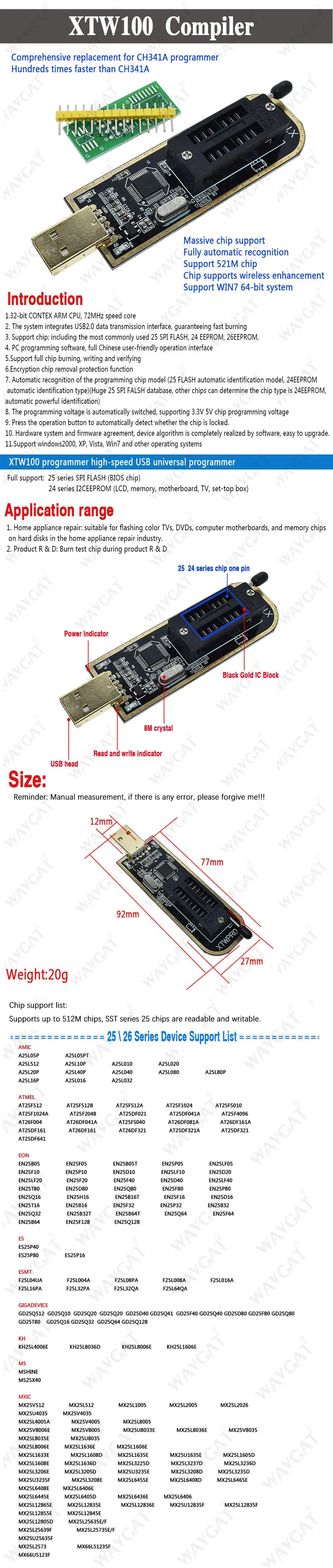 Kit Programador USB XTW100 (CH341B) 24/25 Series EEPROM Flash BIOS + Clip Test SOIC8/SOP8