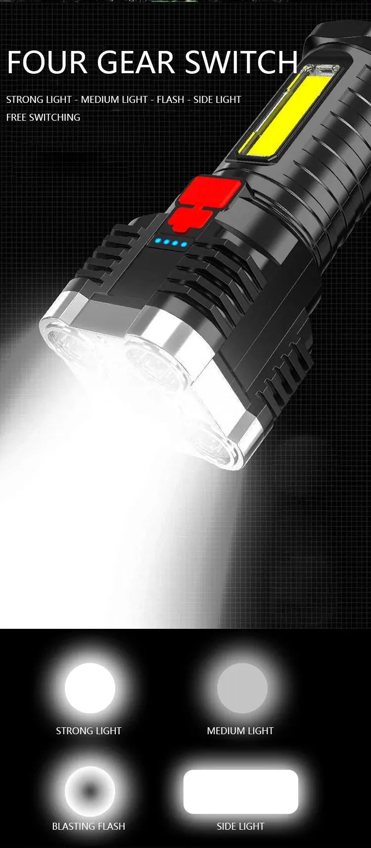 Linterna LED Alta Potencia (5 LEDs) Recargable Foco Camping con Luz Lateral (3 Modos) para Aventura Exterior