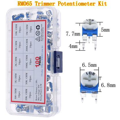 Kit Surtido Potenciómetros Trimmer Multivuelta (RM063/RM065, 3296W/X, etc.) 100Ω-1MΩ