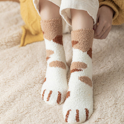 Calcetines Blancos Mujer Felpa Cálidos Diseño Kawaii Cartoon Patita Gato/Perro 3D Divertidos para Casa/Dormir