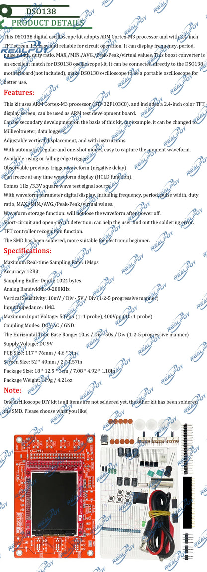 Kit DIY Osciloscopio Digital DSO138 con Pantalla TFT 2.4" y Carcasa Acrílica para Arduino