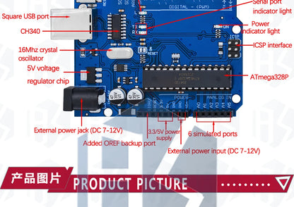 Placa Desarrollo Arduino UNO R3 (Oficial Certificada, ATMEGA16U2 + MEGA328P) con Cable USB Tipo A a B