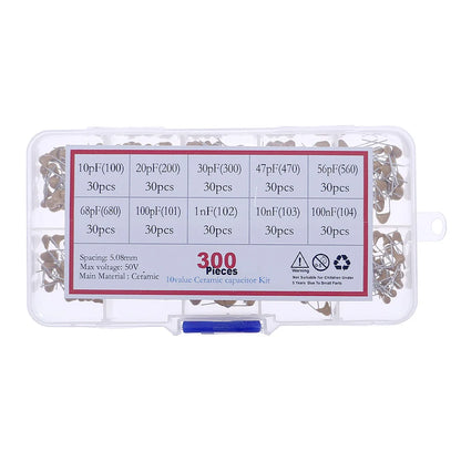 Kit Surtido Capacitor Cerámico Monolítico (10pF-100nF, 50V, 10 Valores) con Caja - Pack 300 Piezas
