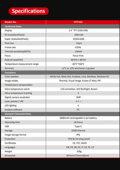 Termógrafo UNI-T UTi716S (160x120) - Cámara Térmica Portátil Inspección Equipos Calefacción/Automotriz