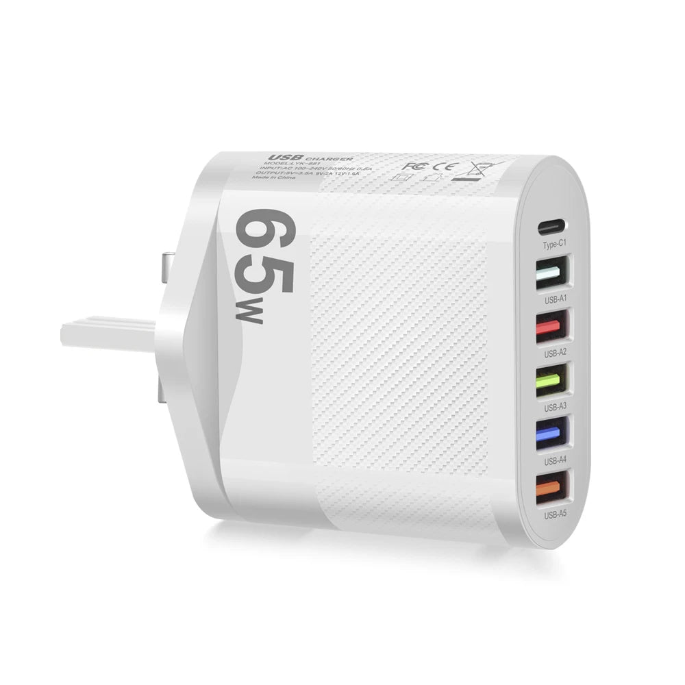 Cargador Pared USB Múltiple 6 Puertos 65W Carga Rápida Alta Velocidad (PD, QC 3.0) Adaptador Móvil para Huawei Mate 60/Xiaomi 13