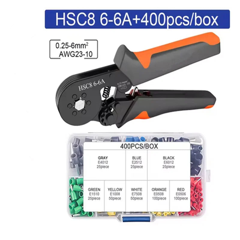 Kit Herramienta Crimpado Terminales Ferrules Hexagonal Autoajustable (23-10AWG, 0.25-6mm²) con 400-2000 Terminales Cable