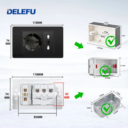 Enchufe Pared Delefu Italia/Chile PC Negro USB-C Carga Rápida + Schuko + Switch Smart Tuya WiFi + SAT/TV/TEL/Timbre