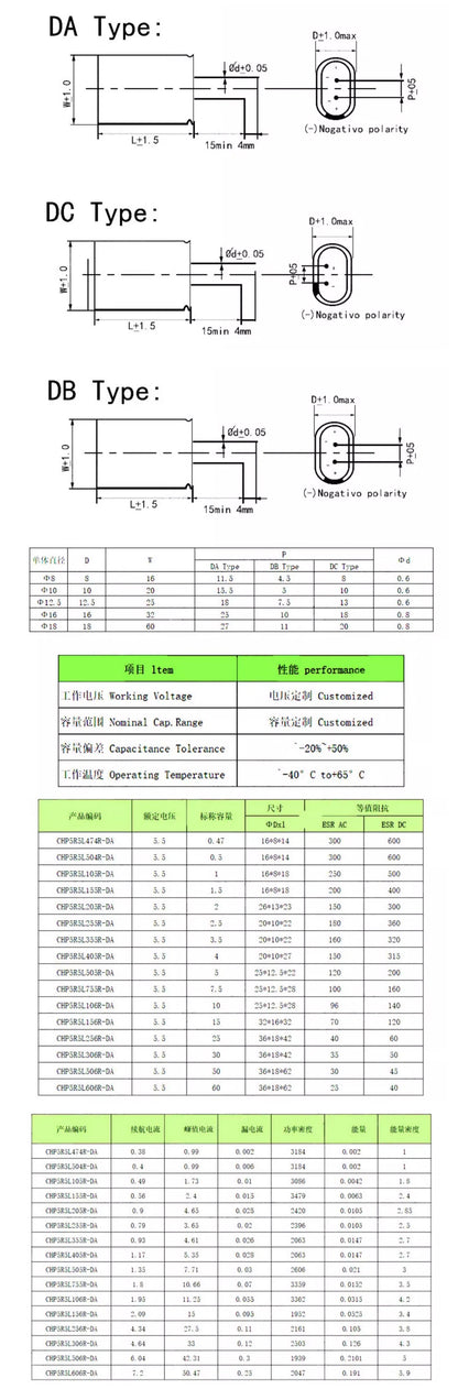 Supercapacitor Farad Tipo Combinación (0.22F-50F, 5.5V) - Unidad (Especificar Valor)