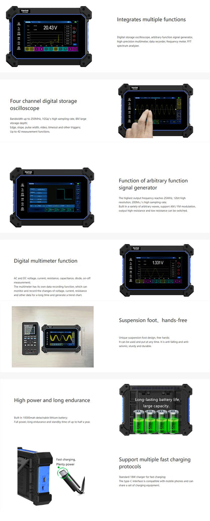 Osciloscopio Digital Hantek TO1112D Pantalla Táctil 2 Canales 110MHz Portátil + Generador Señal + Multímetro