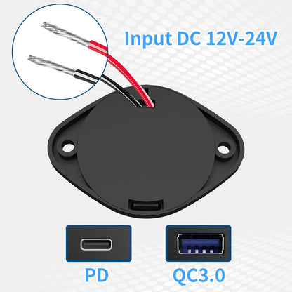 Panel Salida USB RV 12V PD 36W (USB-C) + QC3.0 18W (USB-A) Socket Cargador Auto Carga Rápida