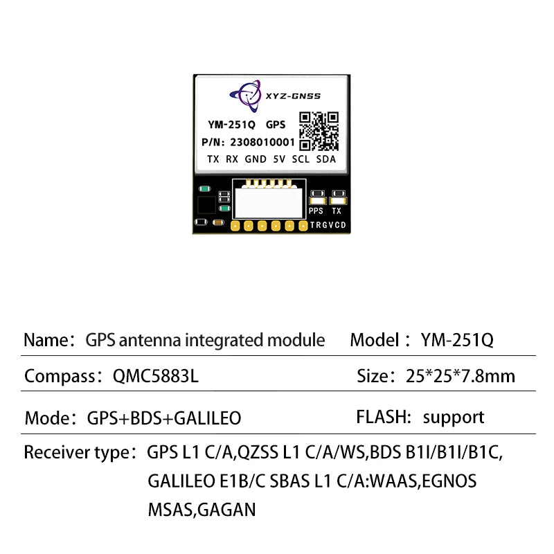Módulo GPS Beidou XYZ-GNSS YM-181Q (M10050) Pequeño con Antena Cerámica, Compás y Flash para Control Vuelo Drones