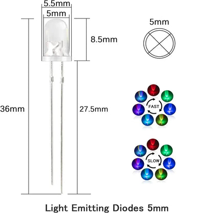Diodo LED Multicolor Intermitente Lento/Rápido (5mm, 2 Pines, Lente Redonda Transparente) Componentes Electrónicos (50 Unidades)