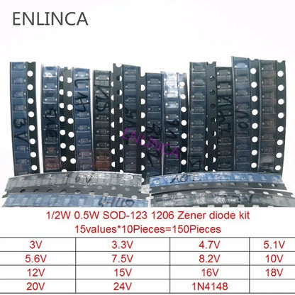Kit Diodo Zener SMD 0.5W (SOD-123 1206 / SOD-323, 15 Valores x 10pcs = 150pcs, 3V-7.5V) Paquete