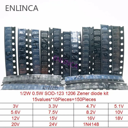 Kit Diodo Zener SMD 0.5W (SOD-123 1206 / SOD-323, 15 Valores x 10pcs = 150pcs, 3V-7.5V) Paquete