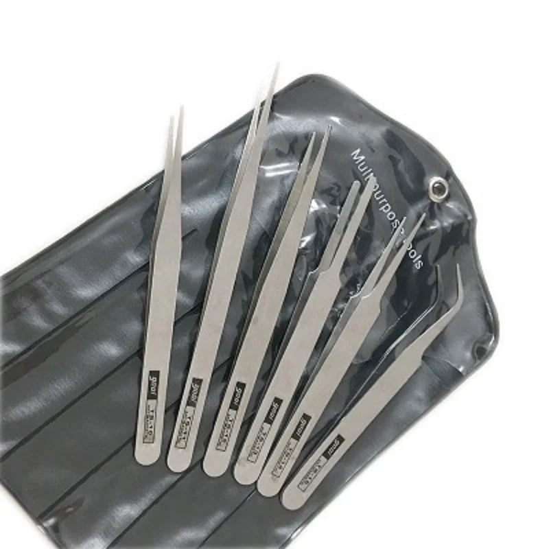 Set Pinzas Acero Inoxidable Precisión Industrial (Curva/Recta) Herramienta Reparación (6 Piezas)
