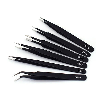 Set Pinzas ESD Antiestáticas Acero Inoxidable Binoax (Puntas No Magnéticas) para Electrónica/Soldadura/Artesanía (6/9/10 Piezas)