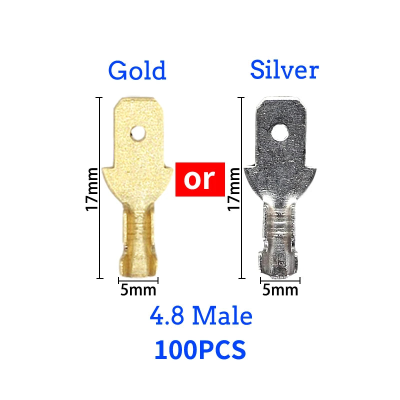 Set Conectores Terminal Crimp Macho/Hembra (2.8/4.8/6.3mm) Oro/Plata para Cable Eléctrico Altavoz Auto (100/200 Piezas)