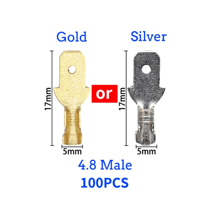 Set Conectores Terminal Crimp Macho/Hembra (2.8/4.8/6.3mm) Oro/Plata para Cable Eléctrico Altavoz Auto (100/200 Piezas)