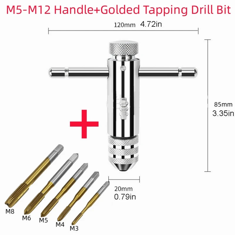 Llave Macho Manual Ajustable Mango T con Ratchet/Fresa para Roscar M3/M4/M5/M6/M8 Métrico