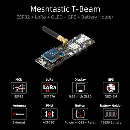 Placa Desarrollo LILYGO TTGO Meshtastic T-Beam LoRa ESP32 (433/868/915MHz LoRaWAN) con WiFi, Bluetooth, GPS, OLED